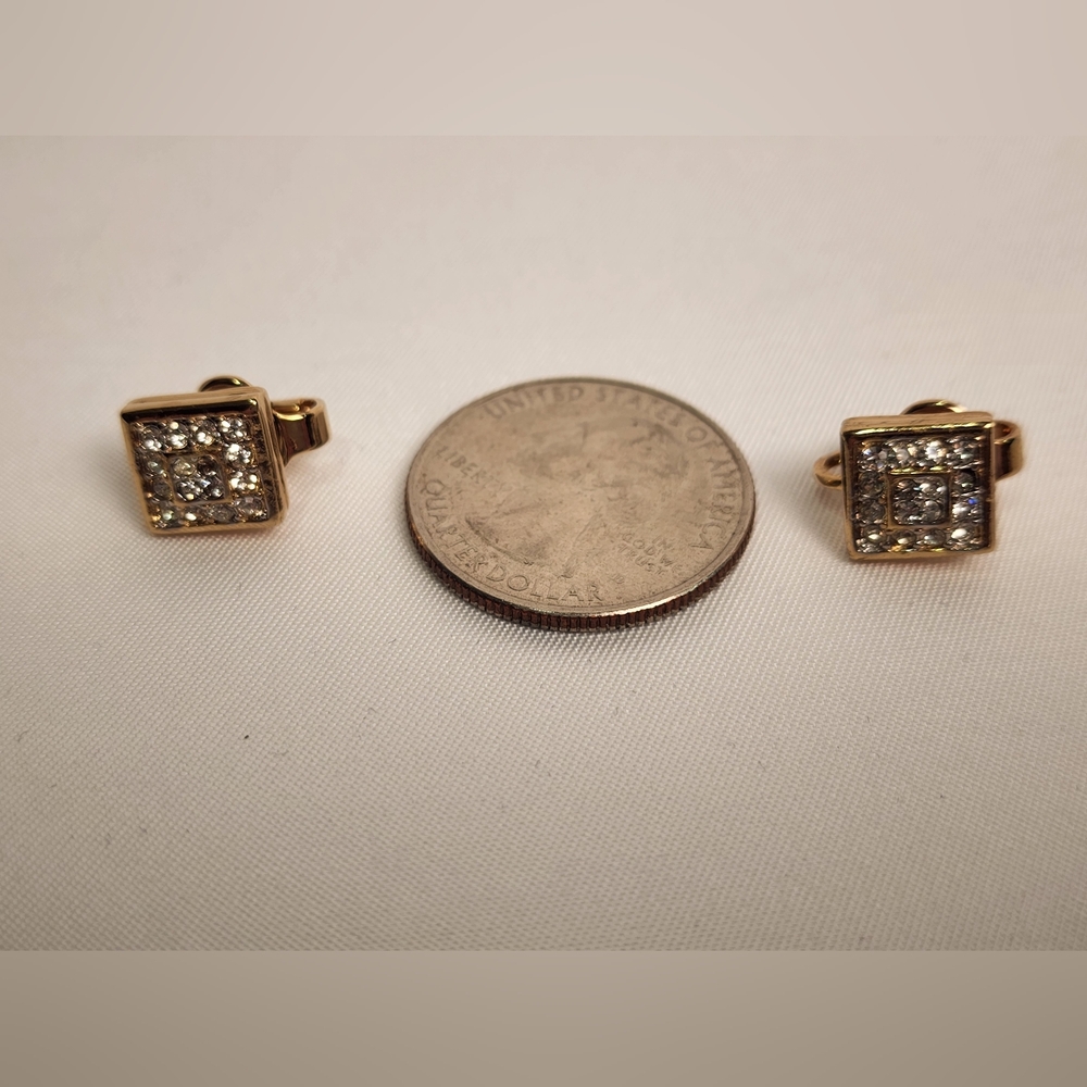 Nina Ricci Gold Square Cube Clip On Earrings Pave Crystals - Picture 6 of 8